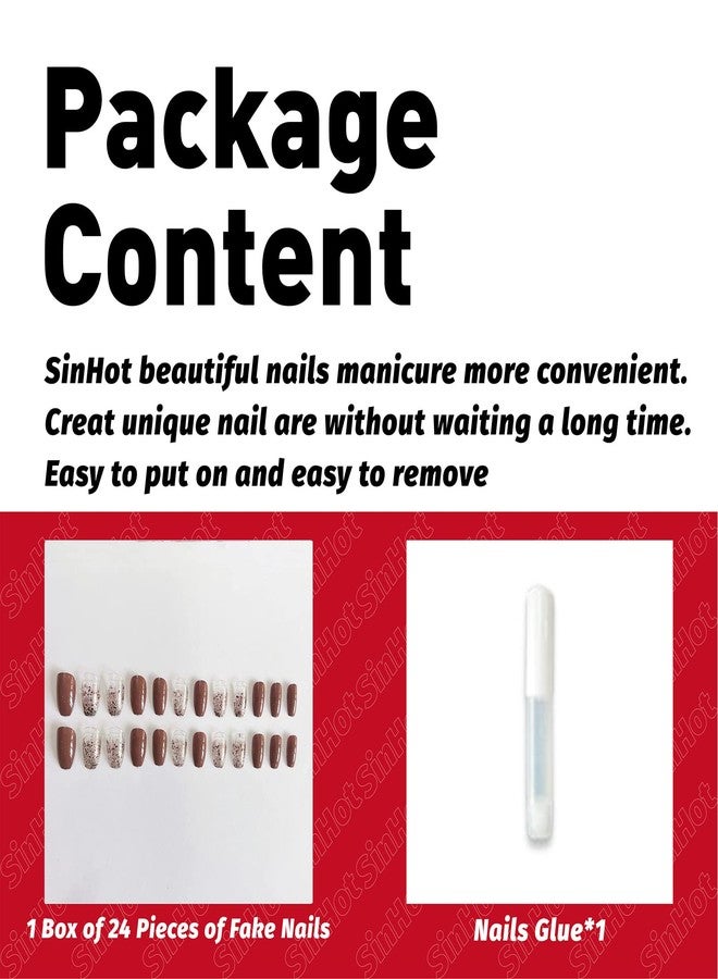 SINHOT Coffin Press on Nails Medium Ballerina Glossy Glue on Nails Brown Gradient Acrylic False Nails Designs 24 pcs - Image 5